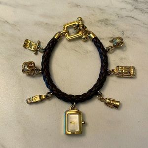 Authentic Burberry watch, woven brown leather strap, London charms, unique!